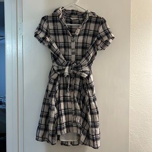plaid Anthropologie mini dress with waist tie